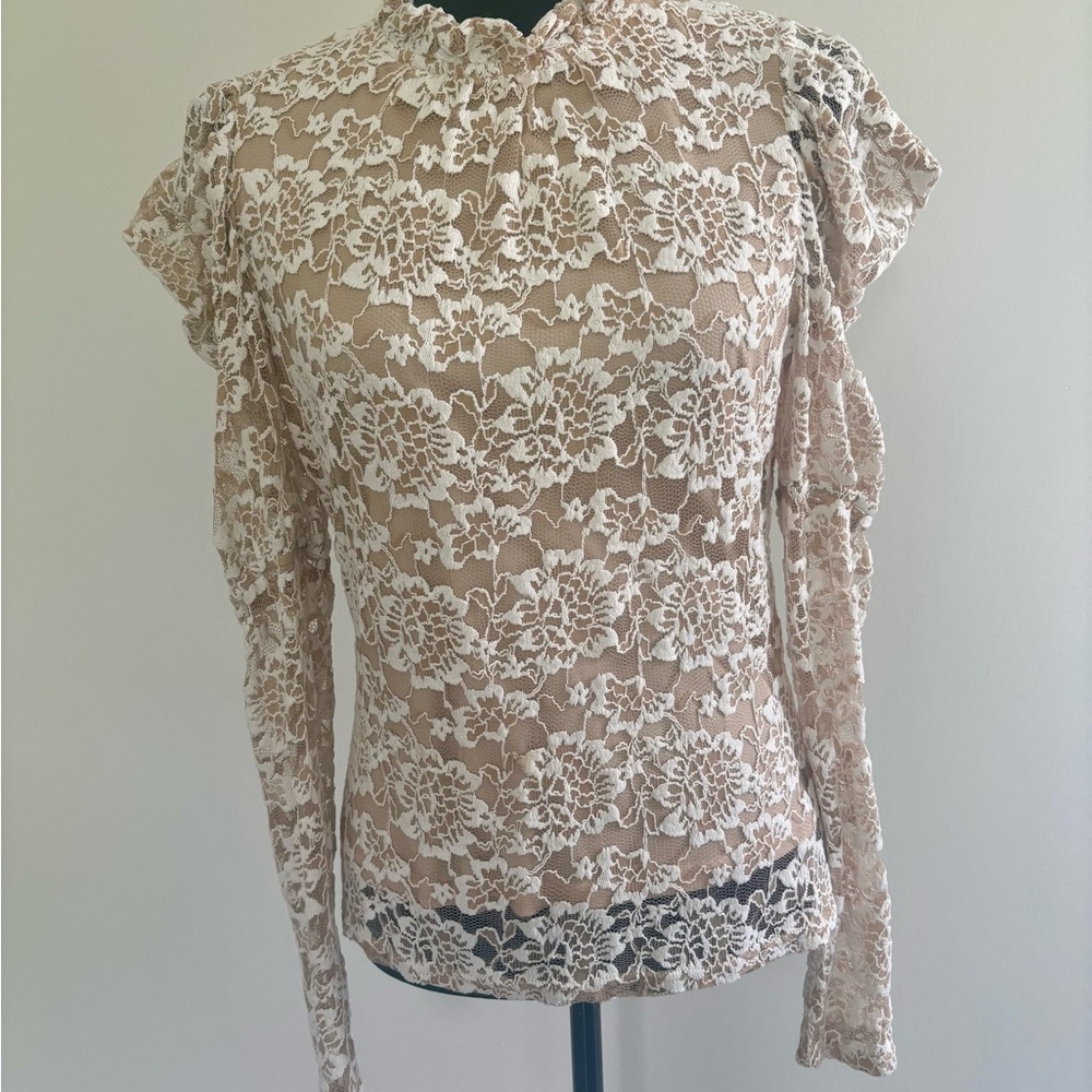 Tan and White Puff Sleeve Blouse with Mandarin Collar
